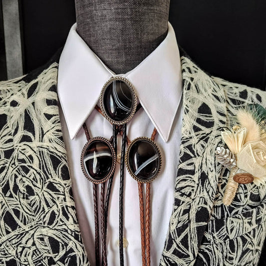 Rope Twist Bolo Tie with Black Banded Agate Stone in Gold, Silver or Copper A1 - Folks On The Edge