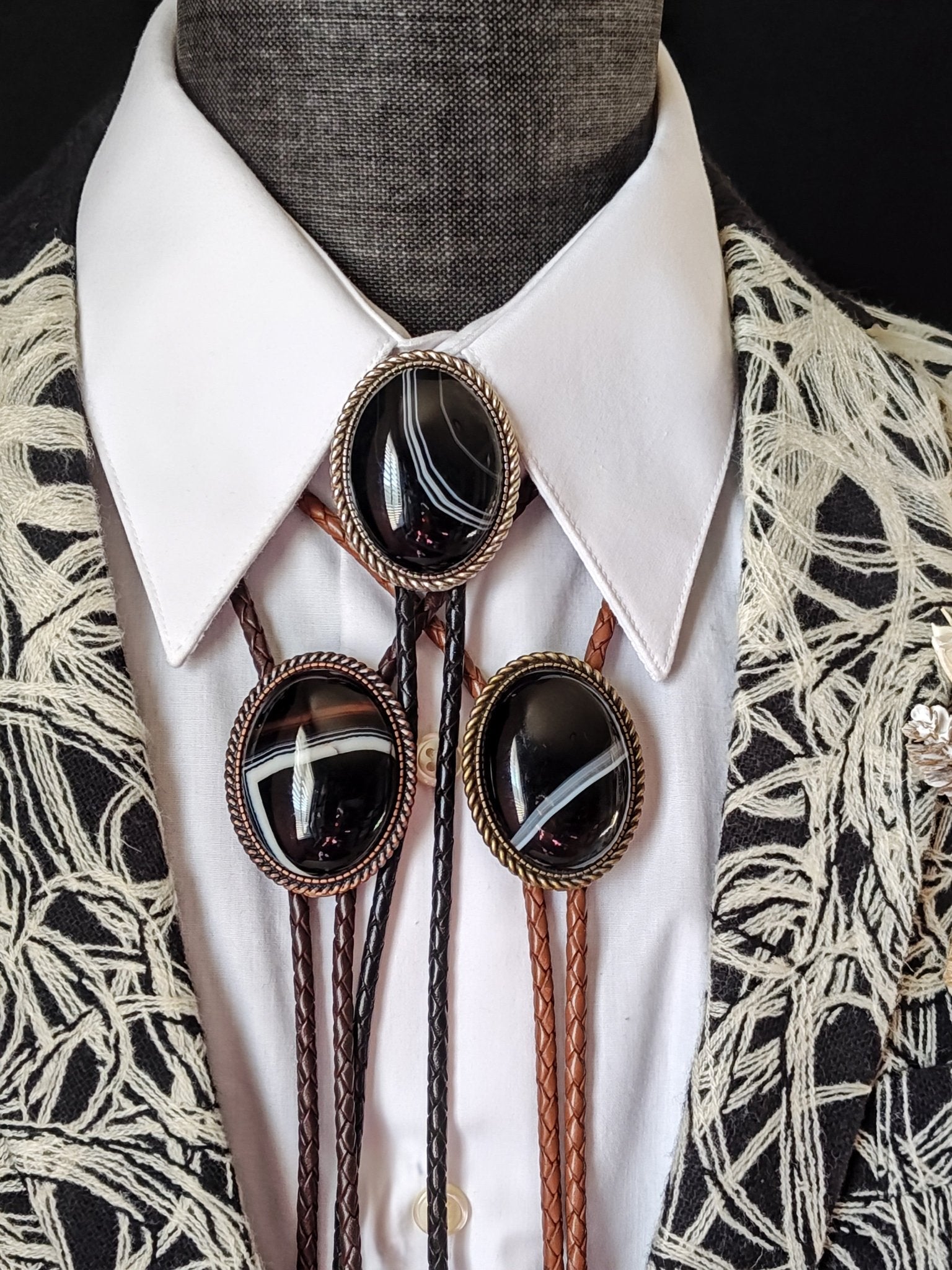 Rope Twist Bolo Tie with Black Banded Agate Stone in Gold, Silver or Copper A1 - Folks On The Edge