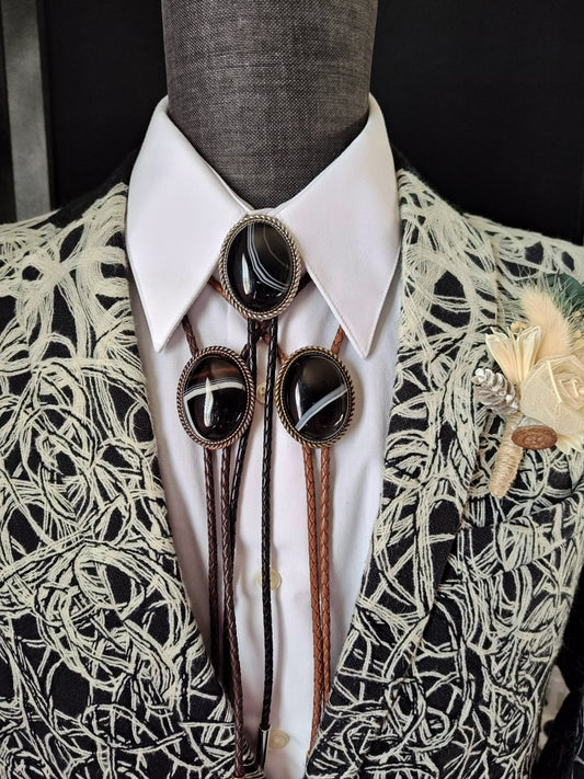 Rope Twist Bolo Tie with Black Banded Agate Stone in Gold, Silver or Copper A1 - Folks On The Edge