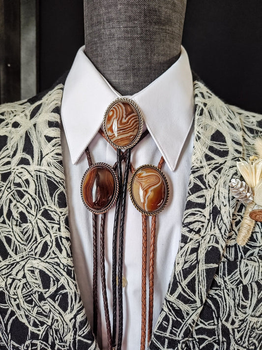 Rope Twist Bolo Tie with Black Banded Agate Stone in Gold, Silver or Copper Setting - Folks On The Edge