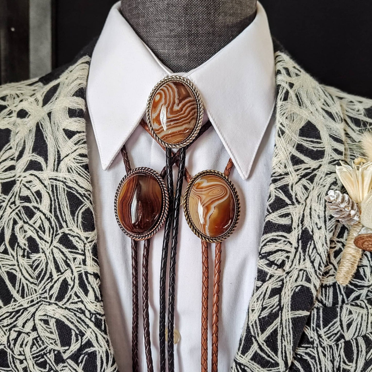 Rope Twist Bolo Tie with Brown Banded Agate Stone in Gold, Silver or Copper Setting - Folks On The Edge