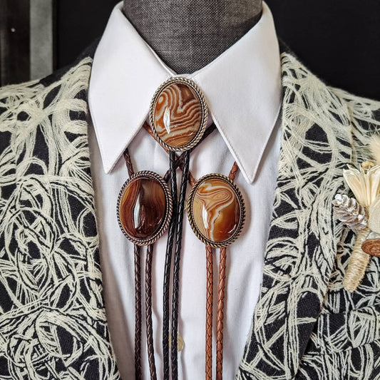 Rope Twist Bolo Tie with Brown Banded Agate Stone in Gold, Silver or Copper Setting - Folks On The Edge
