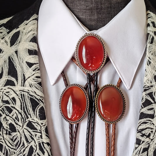 Rope Twist Bolo Tie with Carnelian Agate Stone in Gold, Silver or Copper - Folks On The Edge