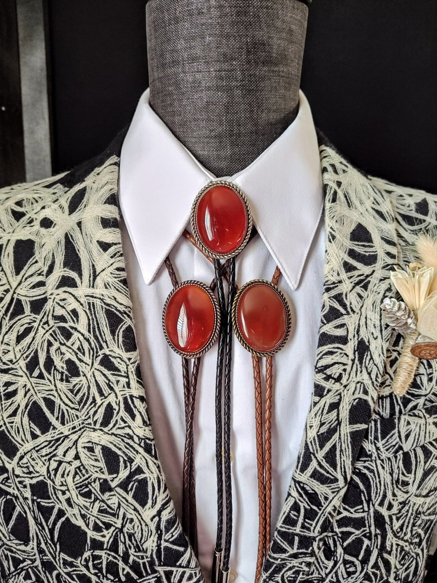 Rope Twist Bolo Tie with Carnelian Agate Stone in Gold, Silver or Copper - Folks On The Edge