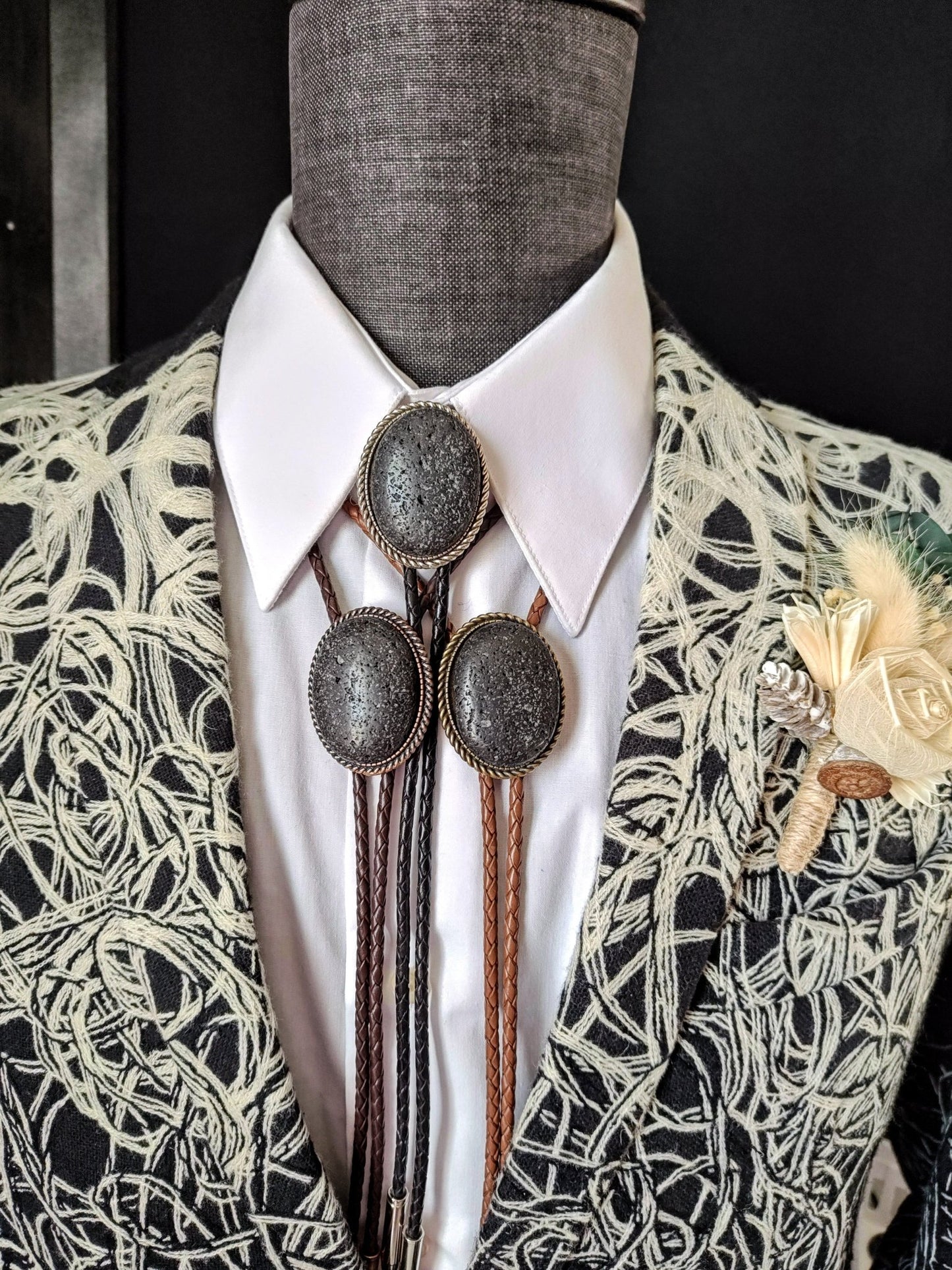 Rope Twist Bolo Tie with Lava Rock in Gold or Silver Setting Wedding   - Folks On The Edge