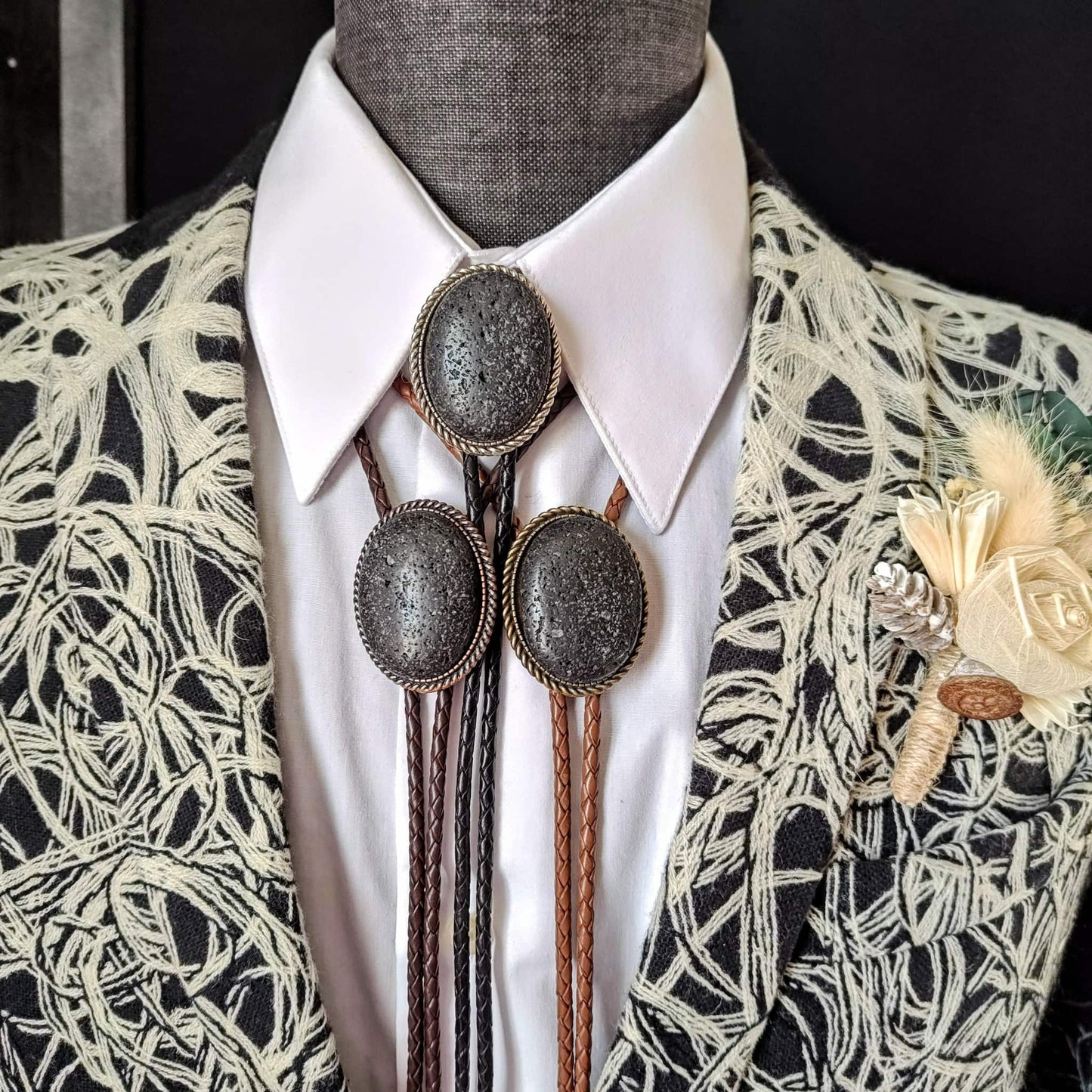 Rope Twist Bolo Tie with Lava Rock in Gold or Silver Setting Wedding   - Folks On The Edge