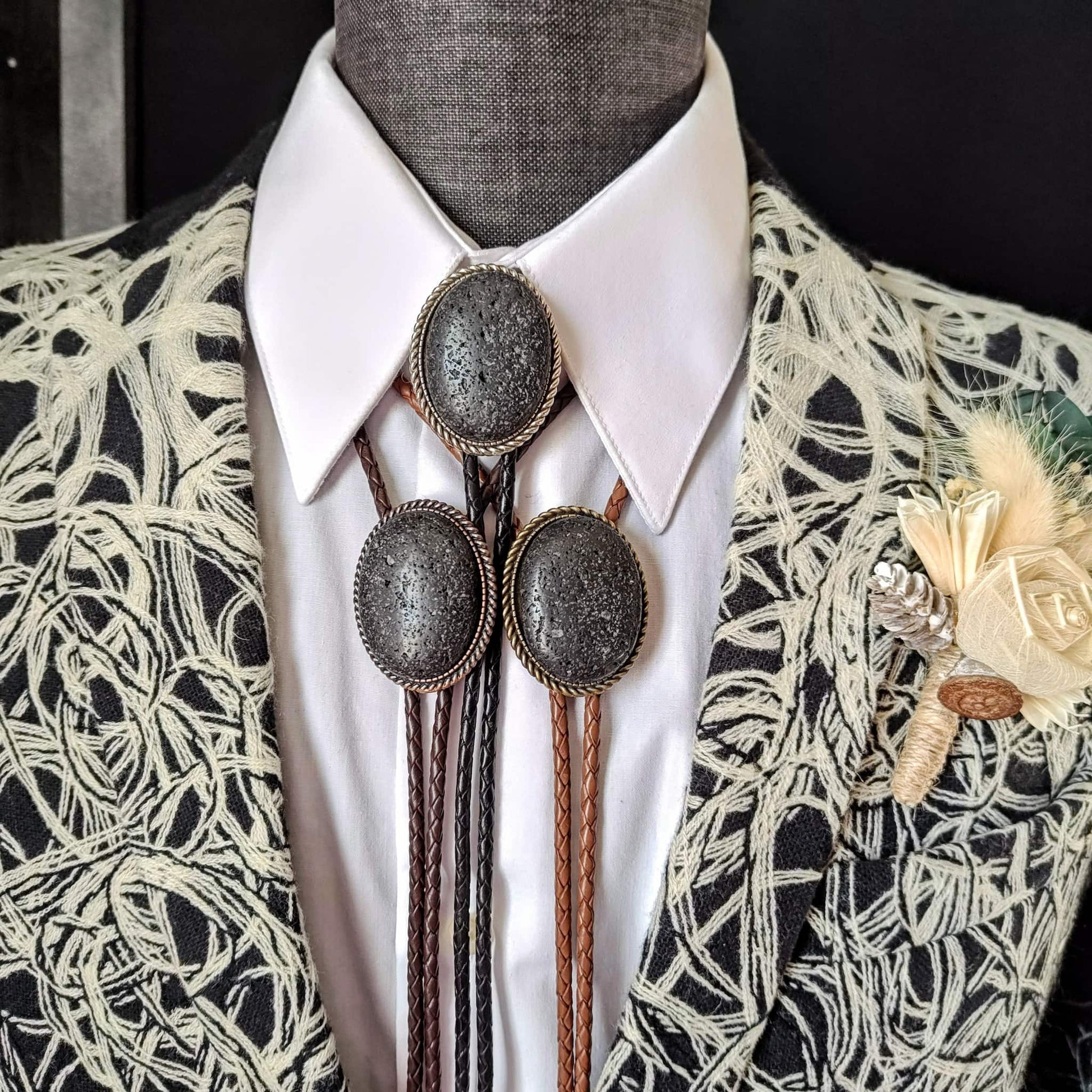 Rope Twist Bolo Tie with Lava Rock in Gold or Silver Setting Wedding   - Folks On The Edge
