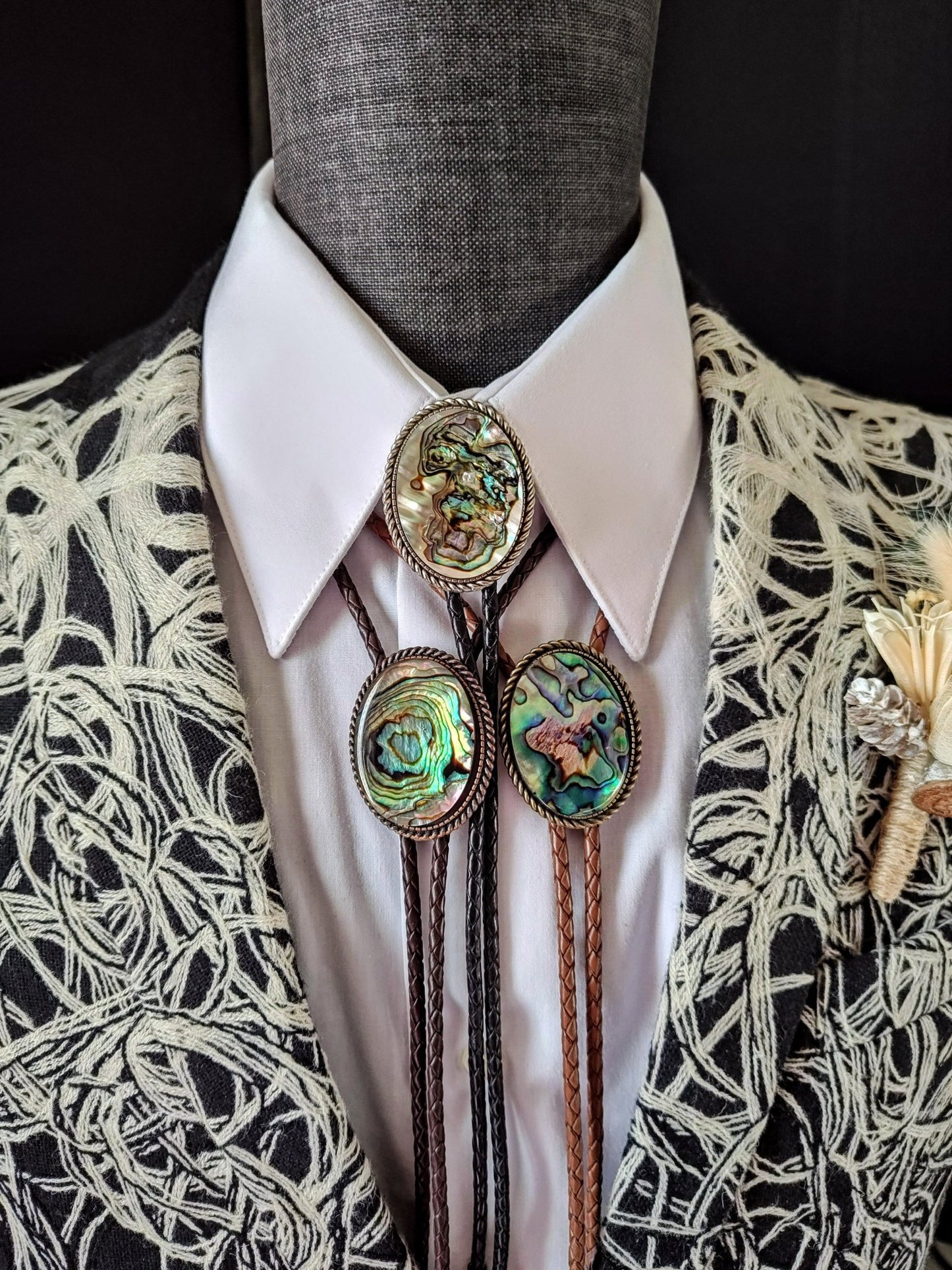 Rope Twist Bolo Tie with Natural Abalone Cabochons in Gold, Silver or Copper - Folks On The Edge