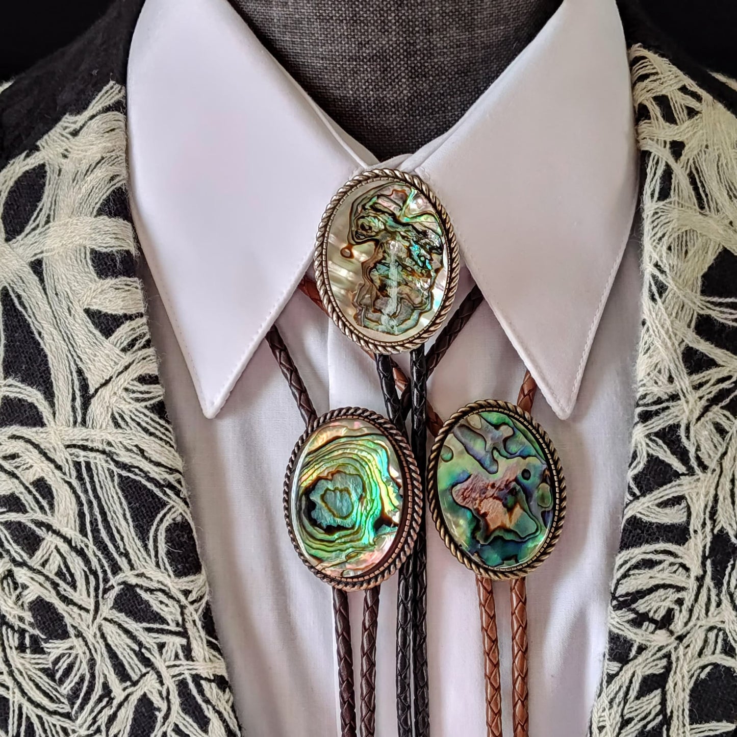Rope Twist Bolo Tie with Natural Abalone Cabochons in Gold, Silver or Copper - Folks On The Edge