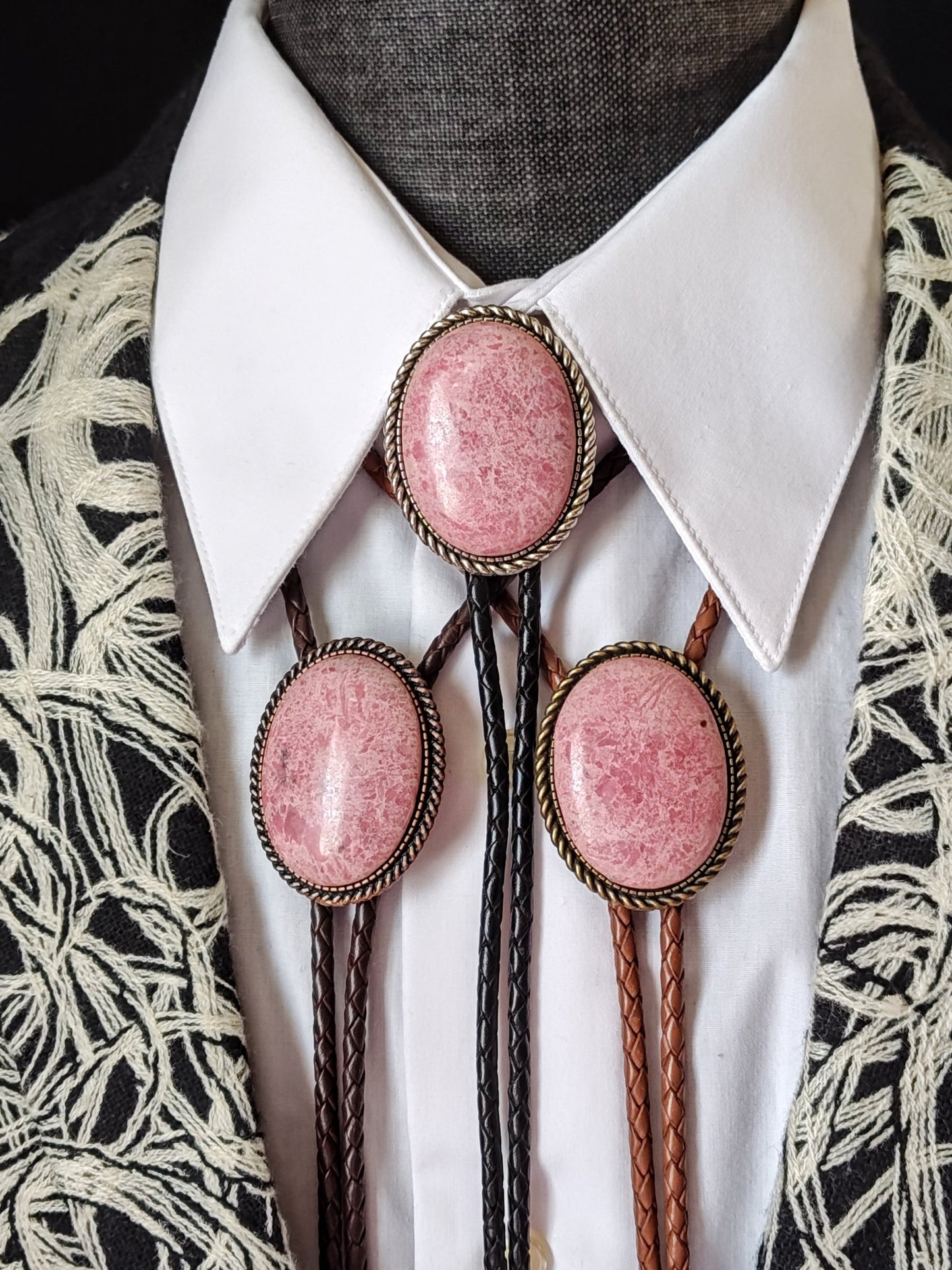 Rope Twist Bolo Tie with Pink Rhodonite Stone in Gold, Silver or Copper Setting - Folks On The Edge
