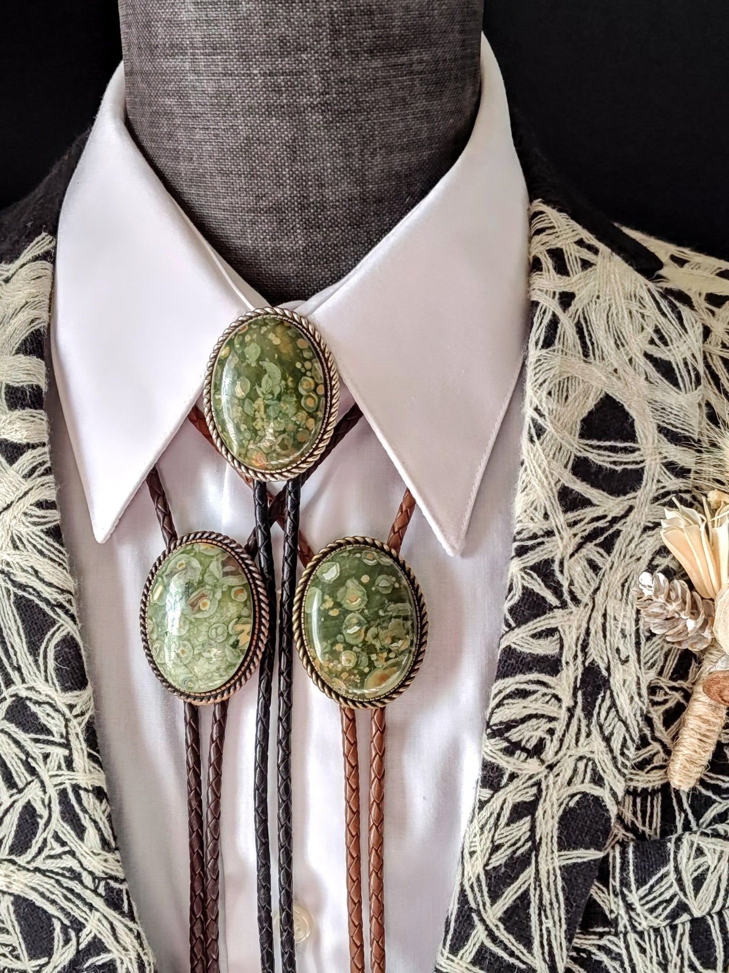 Rope Twist Bolo Tie with Rainforest Jasper Stone in Gold, Silver or Copper colors - Folks On The Edge