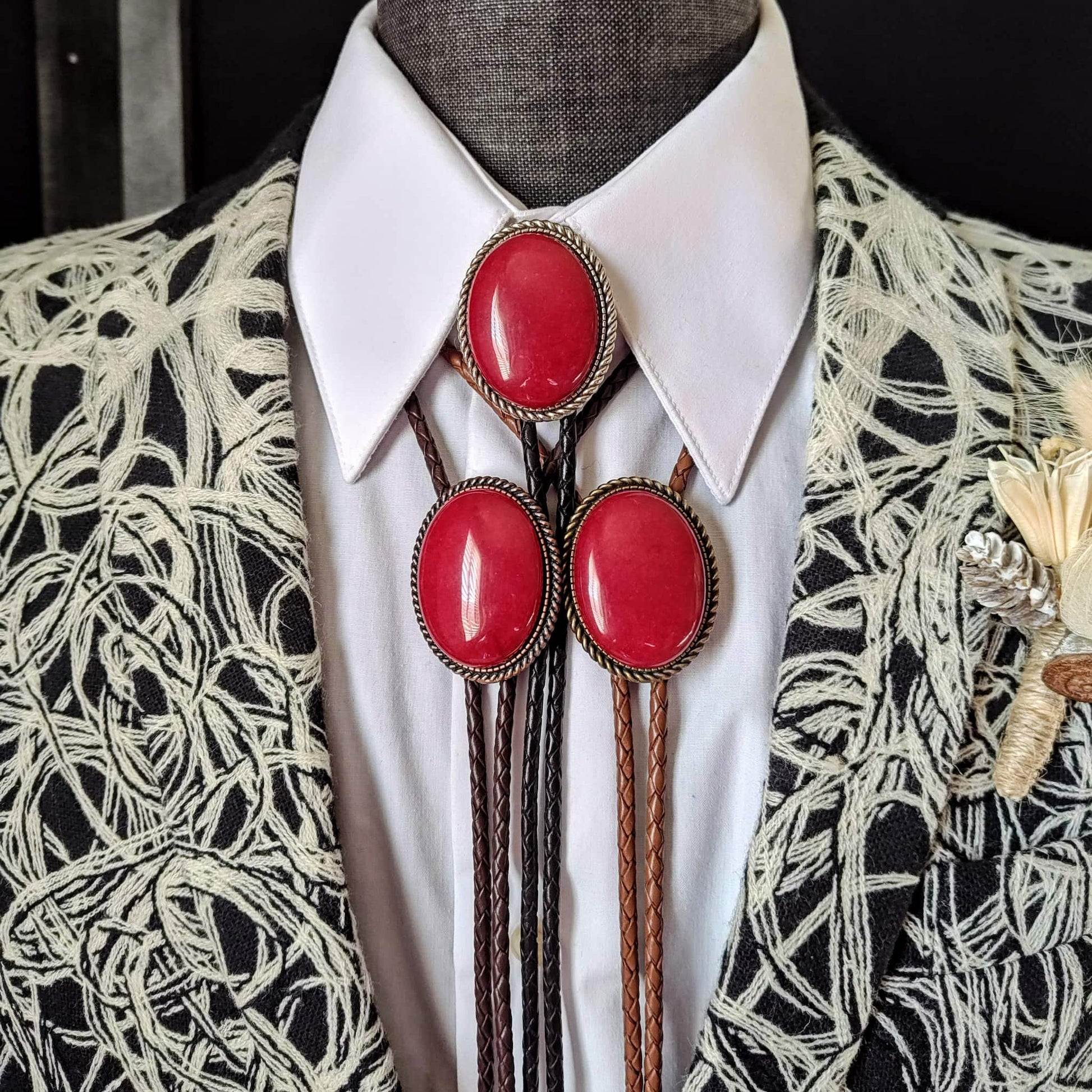 Rope Twist Bolo Tie with Red Quartz Stone in Gold, Silver or Copper Setting - Folks On The Edge