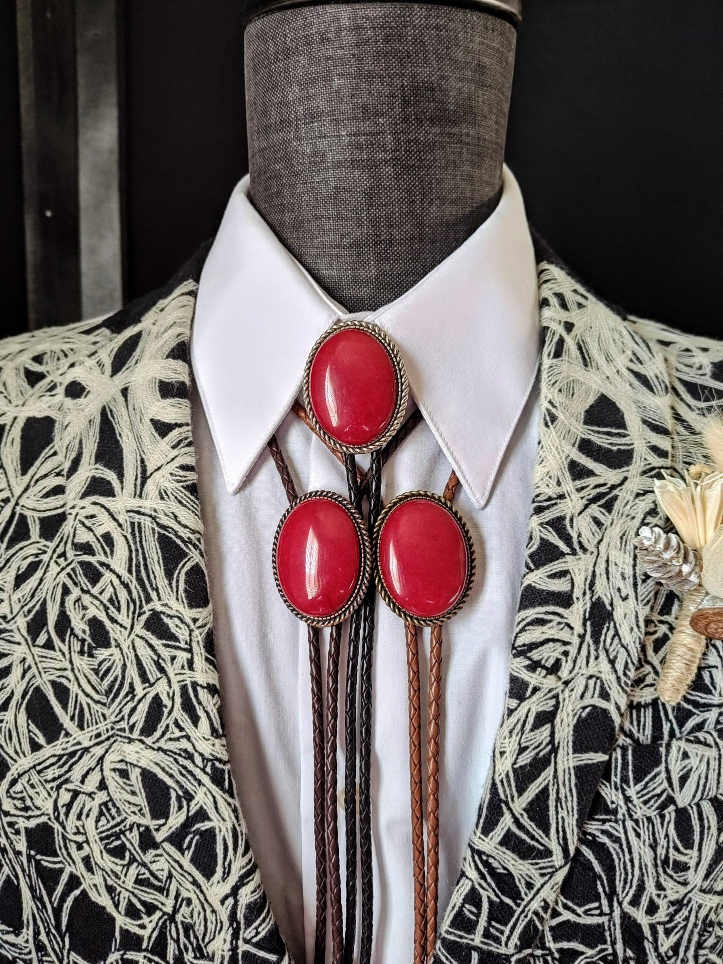 Rope Twist Bolo Tie with Red Quartz Stone in Gold, Silver or Copper Setting - Folks On The Edge