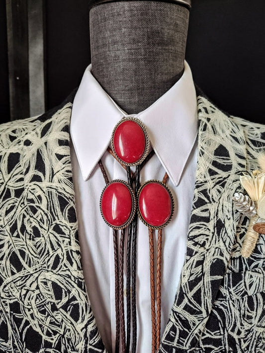 Rope Twist Bolo Tie with Red Quartz Stone in Gold, Silver or Copper Setting - Folks On The Edge