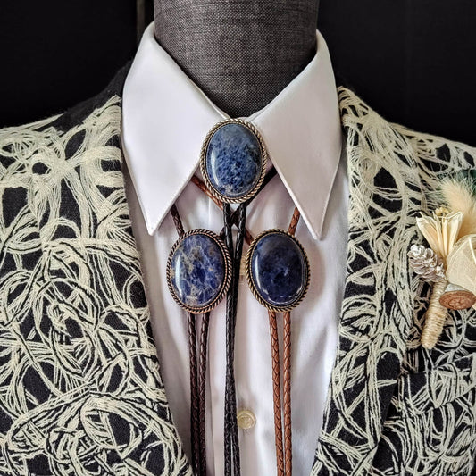 Bolo Tie with Blue Sodalite in Classic Rope Twist Gold, Silver or Copper