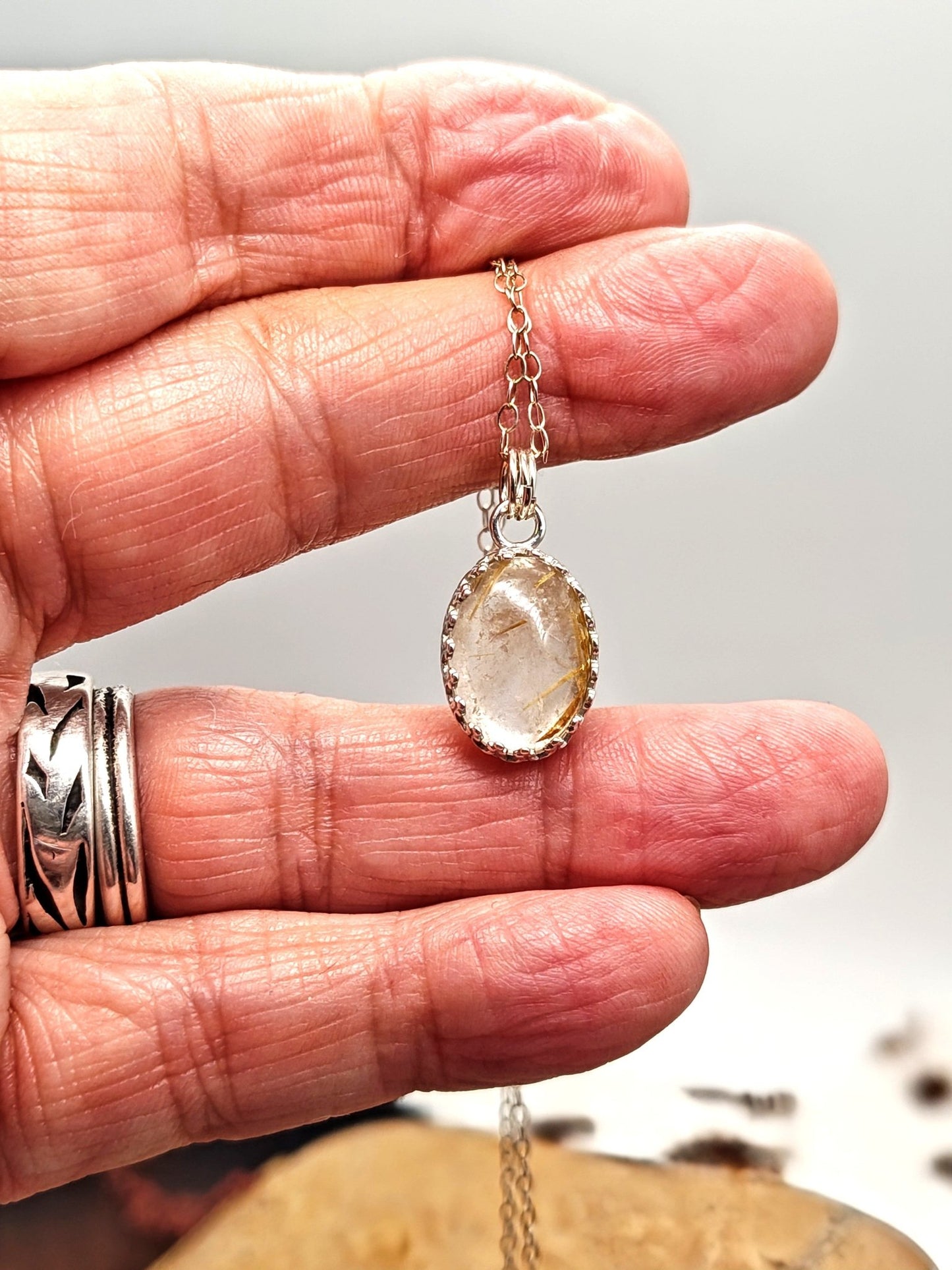 Rutilated Quartz Sterling Silver Pendant Necklace with 14x10mm Stone - Folks On The Edge