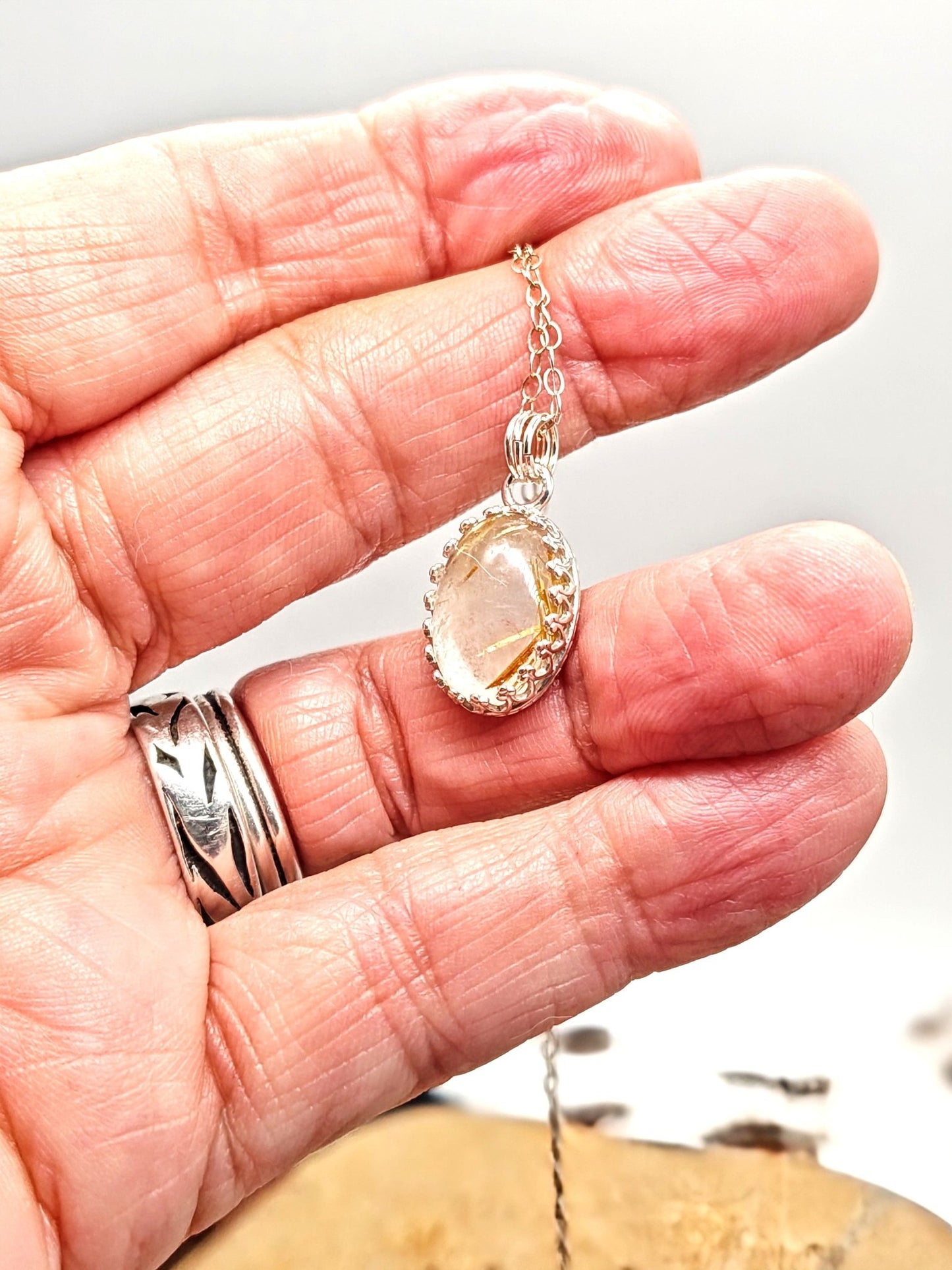 Rutilated Quartz Sterling Silver Pendant Necklace with 14x10mm Stone - Folks On The Edge