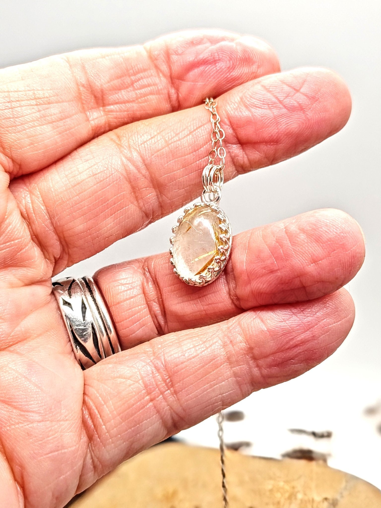 Rutilated Quartz Sterling Silver Pendant Necklace with 14x10mm Stone - Folks On The Edge