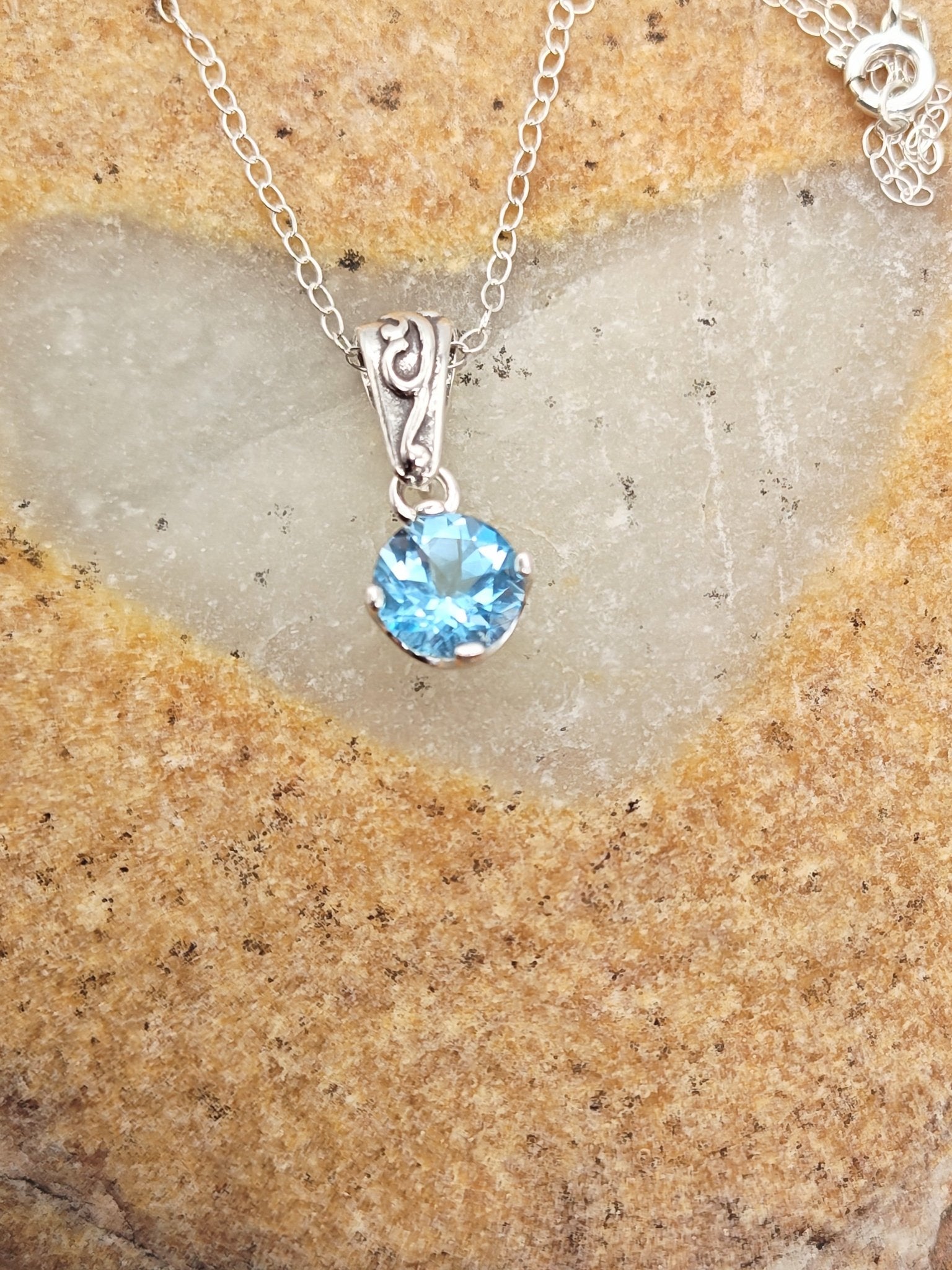 Sky Blue Topaz Sterling Silver Pendant Necklace in Grace Setting 8mm - Folks On The Edge