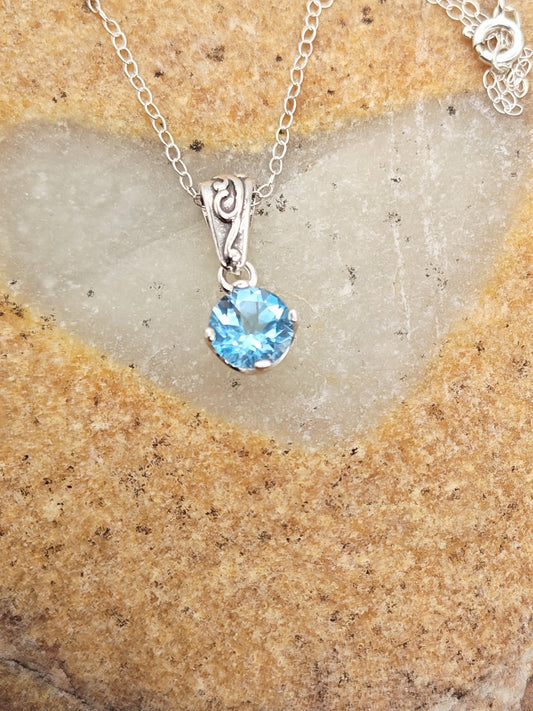 Sky Blue Topaz Sterling Silver Pendant Necklace in Grace Setting 8mm - Folks On The Edge