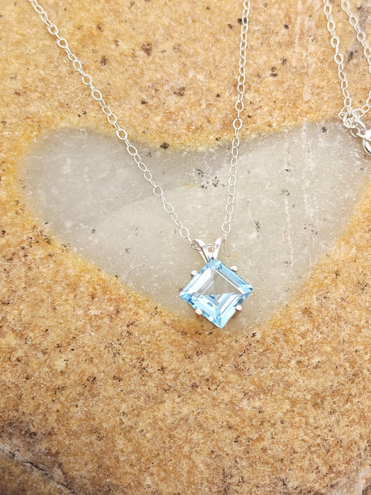 Sky Blue Topaz Sterling Silver Pendant Necklace with 8mm faceted square stone - Folks On The Edge