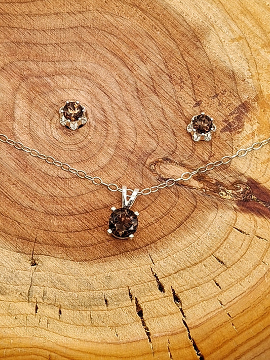 Smokey Quartz Matching Set in Sterling Silver Necklace and Earrings - Folks On The Edge