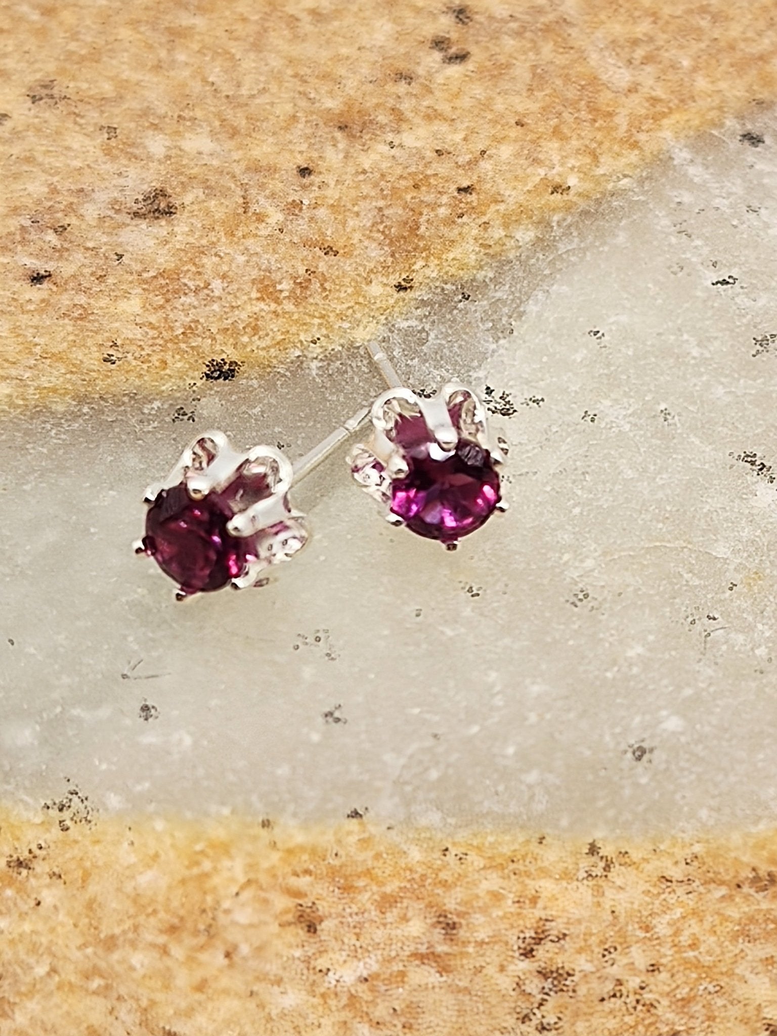 Sparkle Pink Rhodolite Garnet Sterling Silver Stud Earrings in 4mm - Folks On The Edge