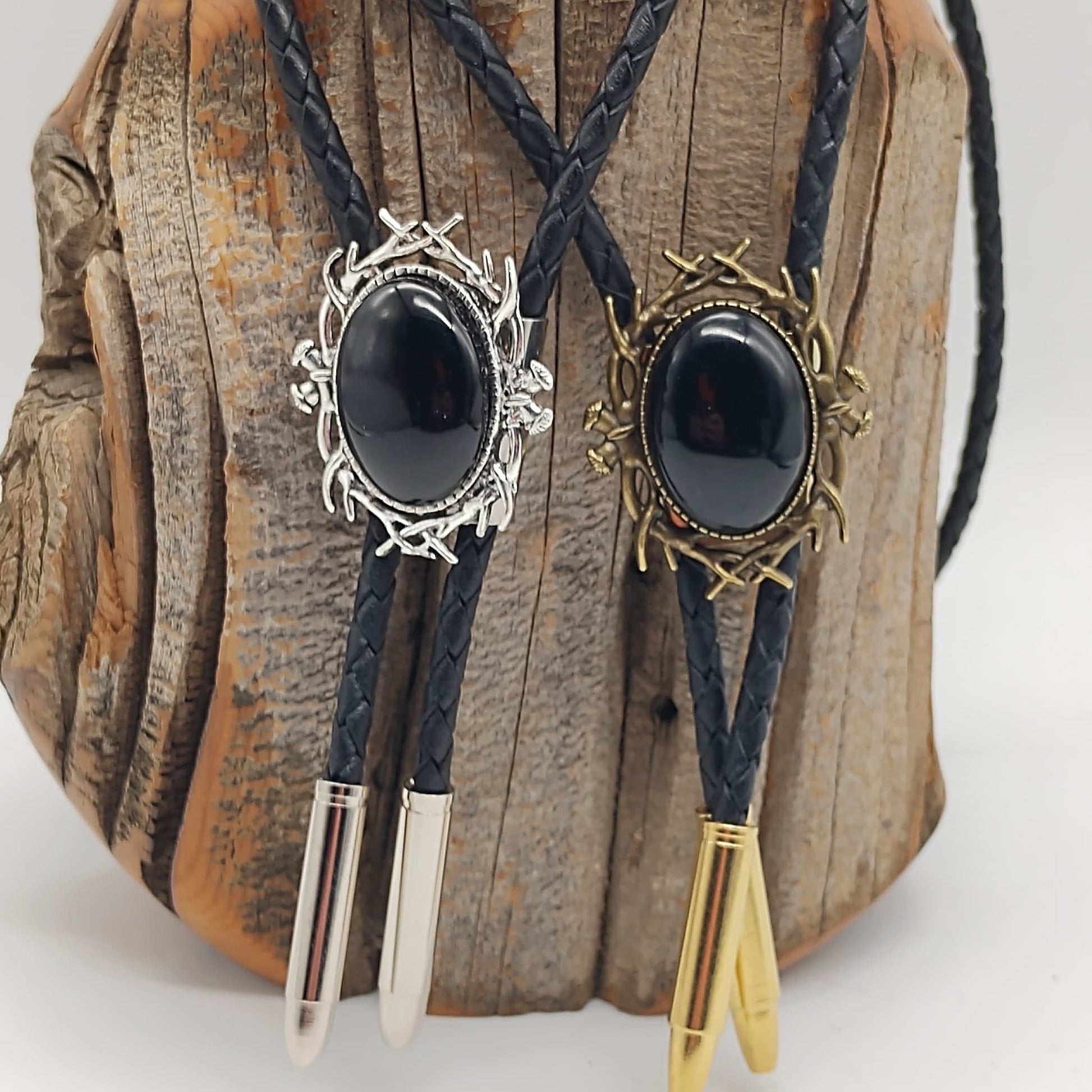 Stag Horn Bolo Tie with Black Onyx in Silver or Gold - Folks On The Edge