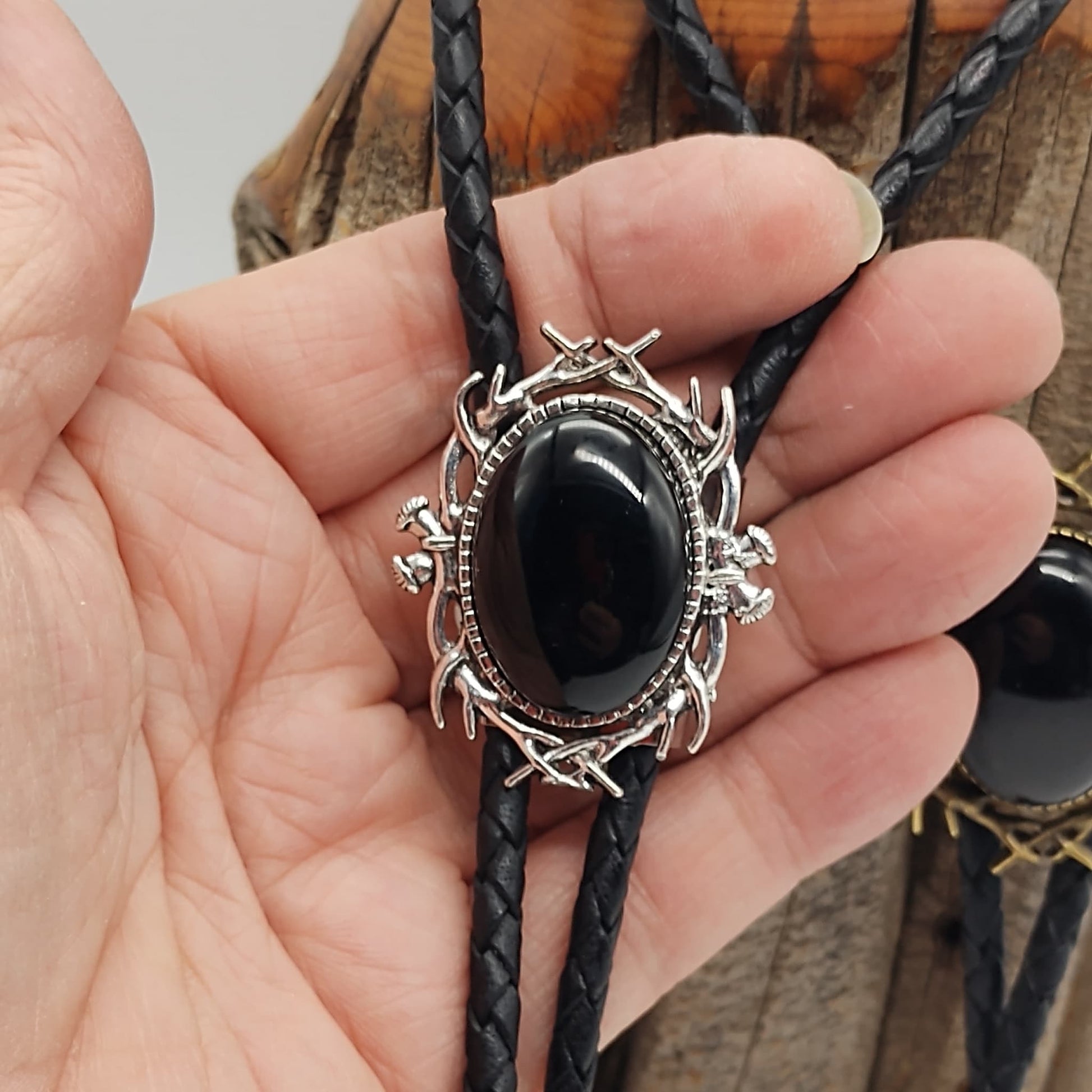 Stag Horn Bolo Tie with Black Onyx in Silver or Gold - Folks On The Edge