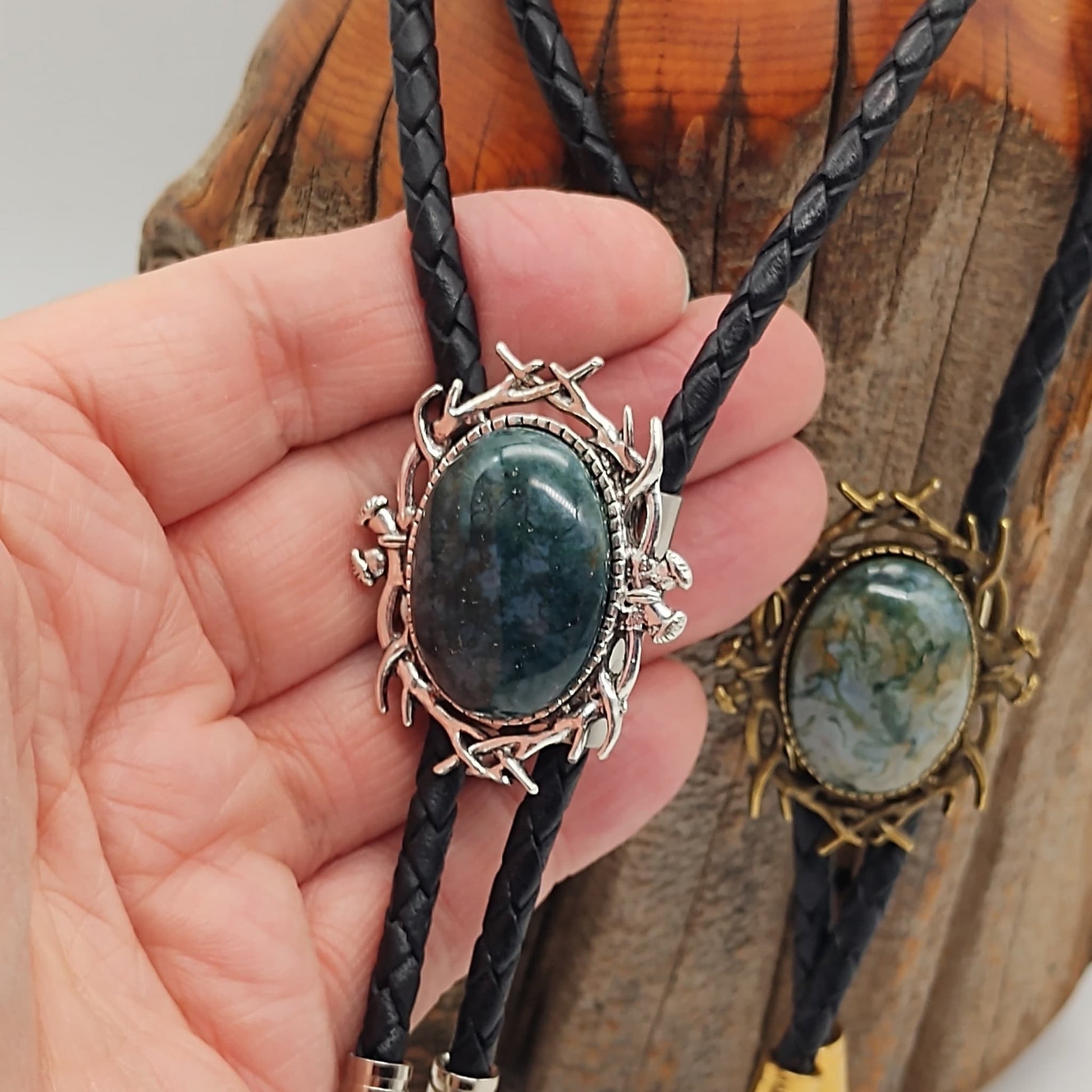 Stag Horn Bolo Tie with Moss Agate in Silver or Gold - Folks On The Edge