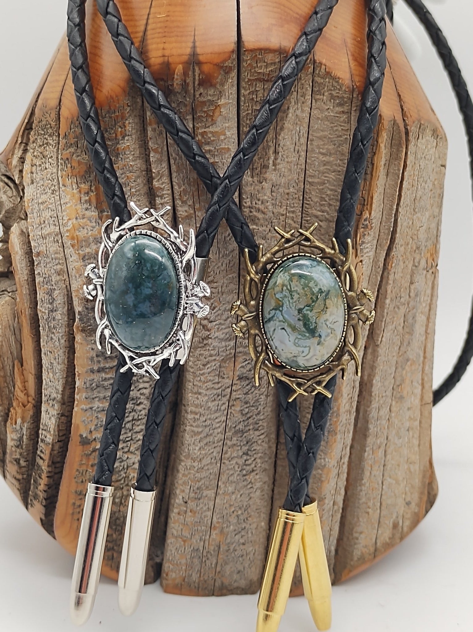 Stag Horn Bolo Tie with Moss Agate in Silver or Gold - Folks On The Edge