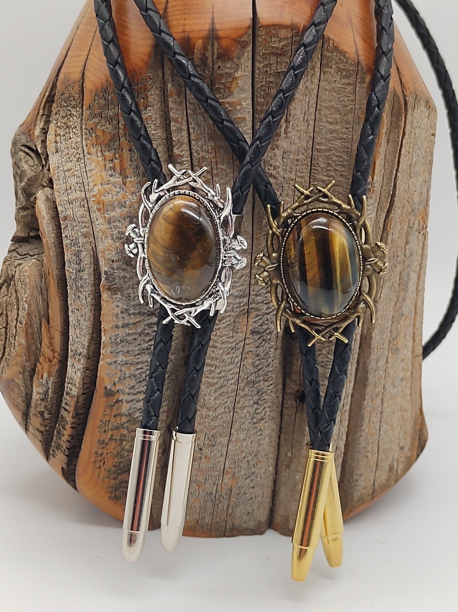 Stag Horn Bolo Tie with Tiger's Eye Jasper in Silver or Gold - Folks On The Edge