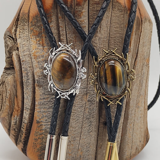 Stag Horn Bolo Tie with Tiger's Eye Jasper in Silver or Gold - Folks On The Edge