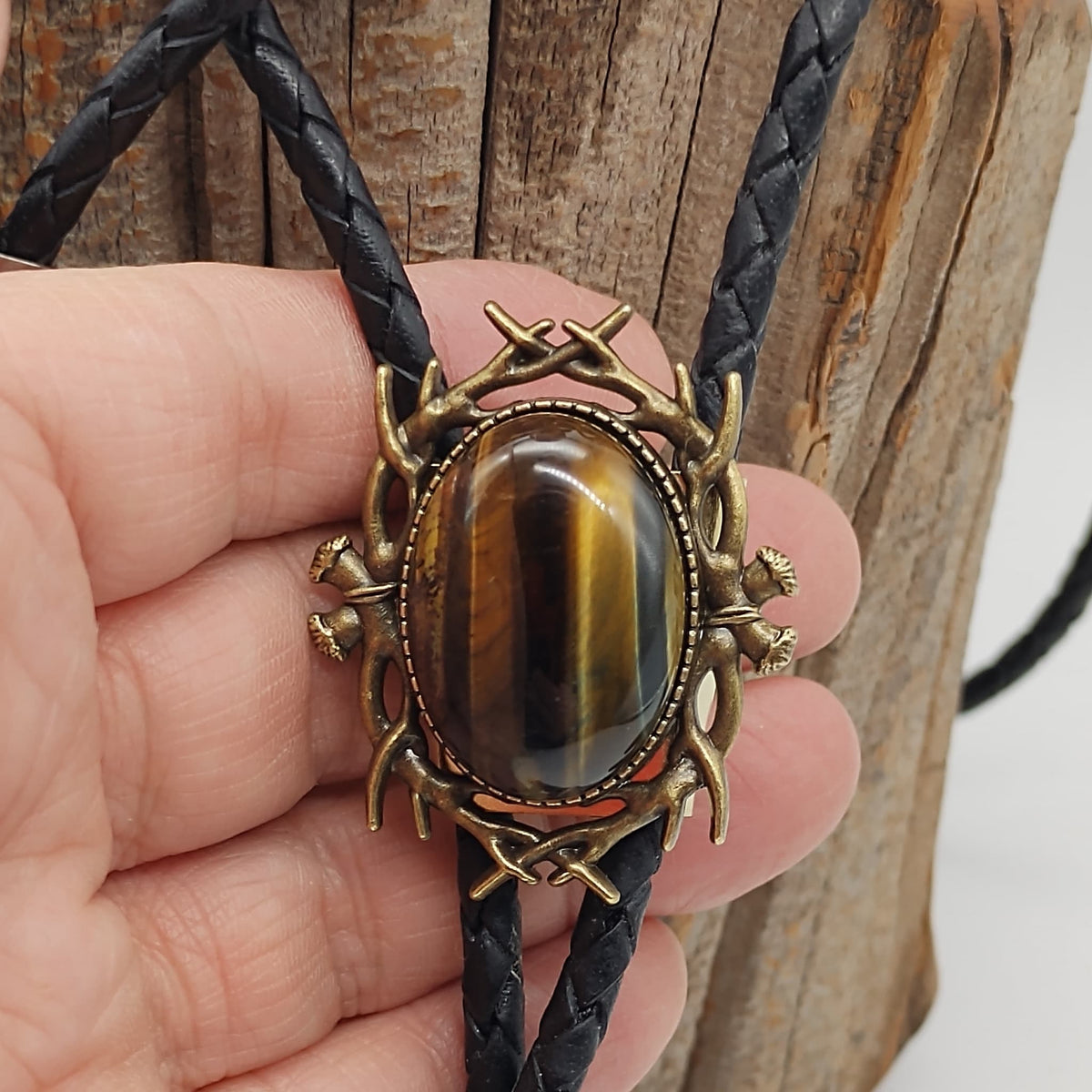 Stag Horn Bolo Tie with Tiger's Eye Jasper in Silver or Gold - Folks On The Edge