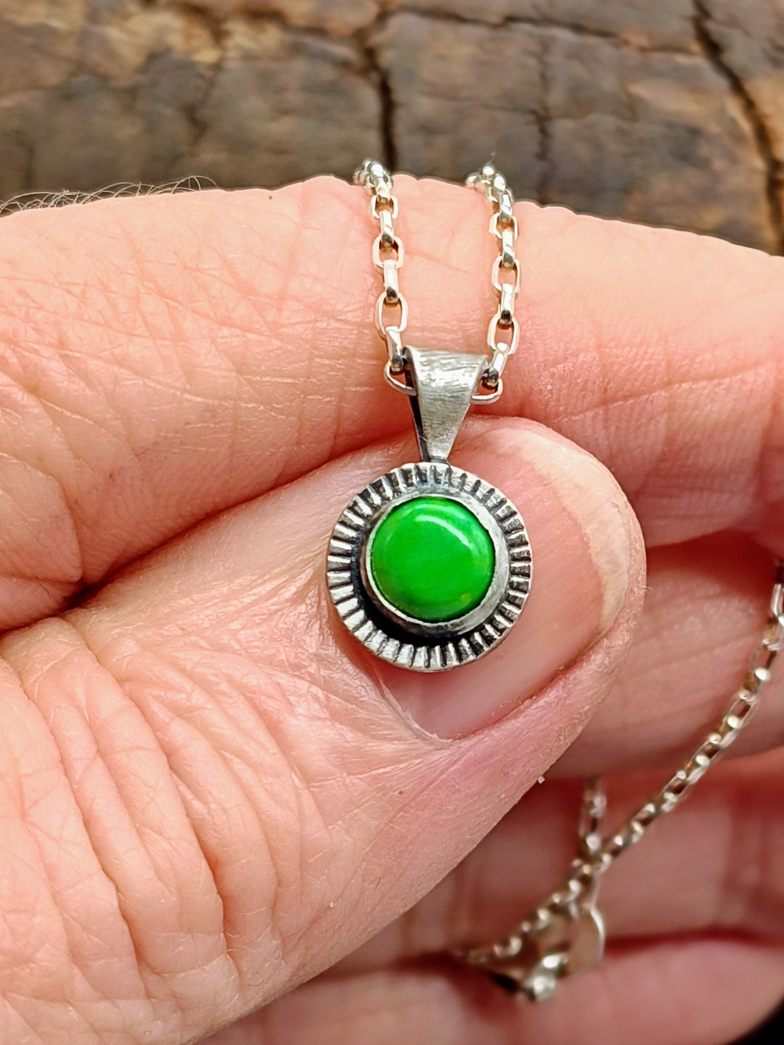 Tiny Kingman Lime Turquoise Sterling Silver Necklace by Folks On The Edge - Folks On The Edge