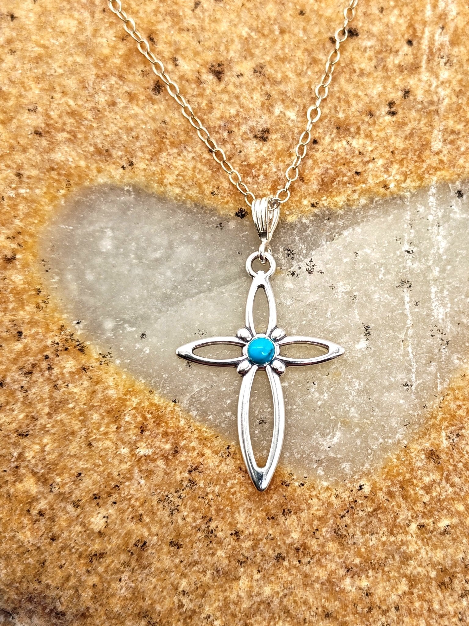 Turquoise Sterling Silver Cross Pendant Necklace with 3mm round stone - Folks On The Edge