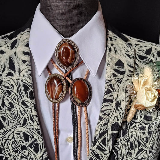 Yellowstone Bolo Tie with Banded Agate Stone in Gold, Silver or Copper Setting - Folks On The Edge