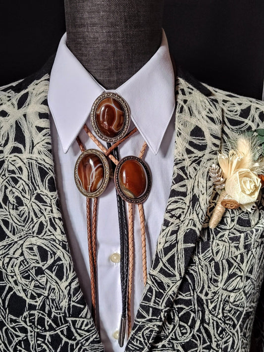 Yellowstone Bolo Tie with Banded Agate Stone in Gold, Silver or Copper Setting - Folks On The Edge
