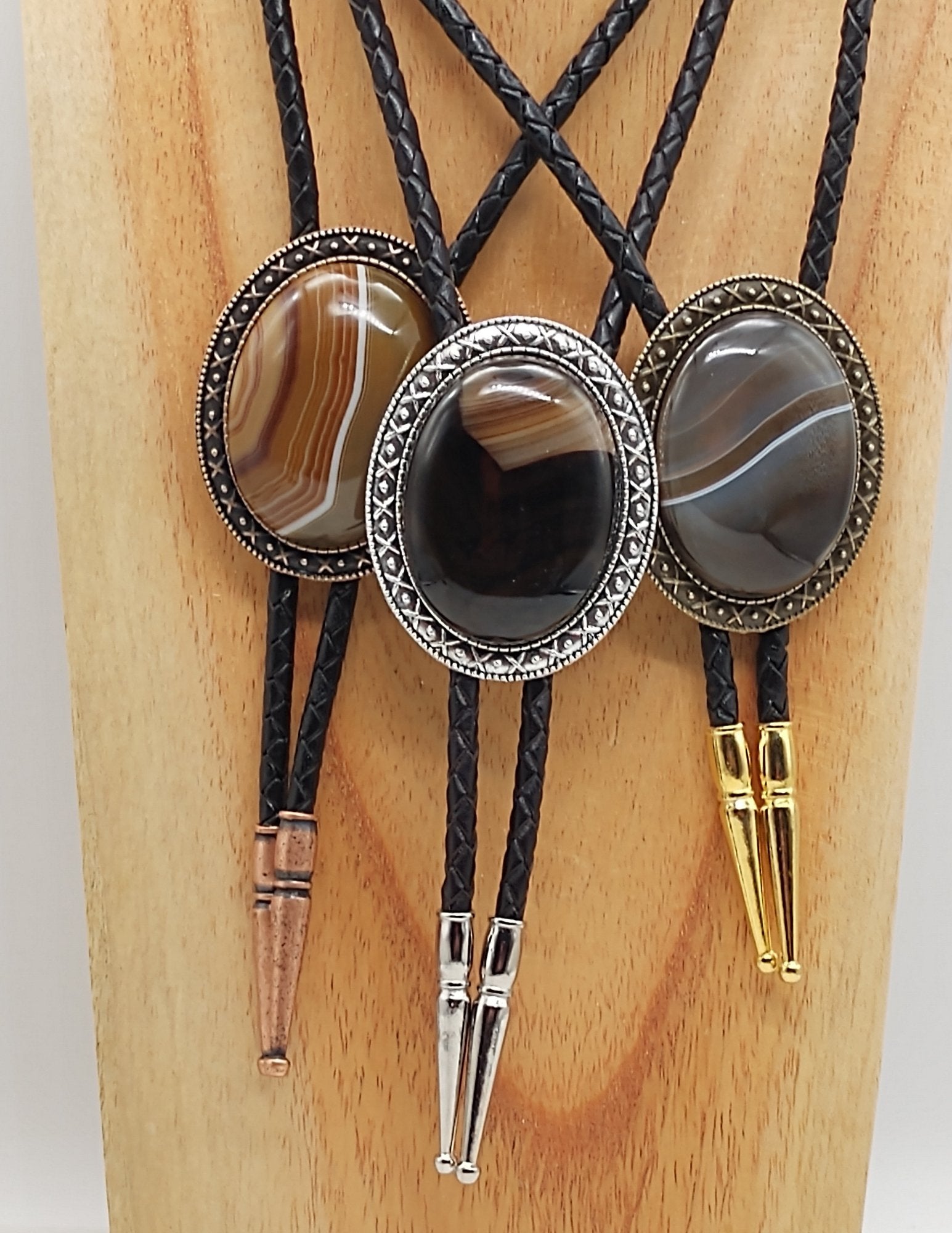 Yellowstone Bolo Tie with Banded Agate Stone in Gold, Silver or Copper Setting - Folks On The Edge