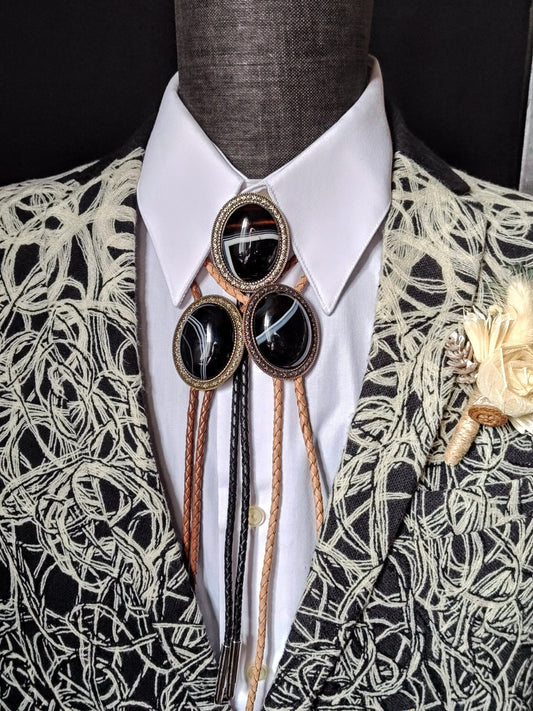 Yellowstone Bolo Tie with Black Banded Agate Stone in Gold, Silver or Copper Setting - Folks On The Edge
