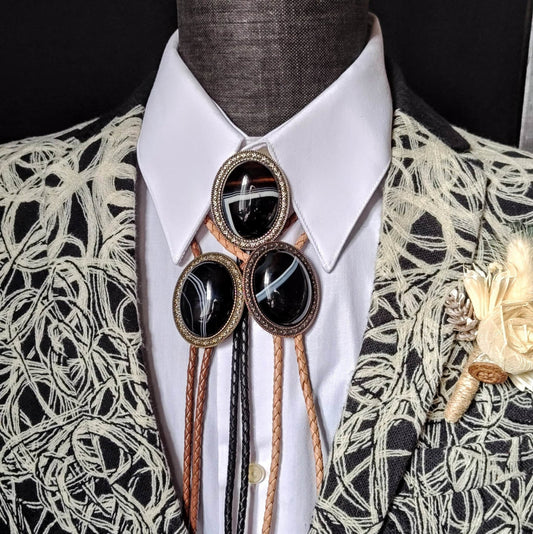 Yellowstone Bolo Tie with Black Banded Agate Stone in Gold, Silver or Copper Setting - Folks On The Edge