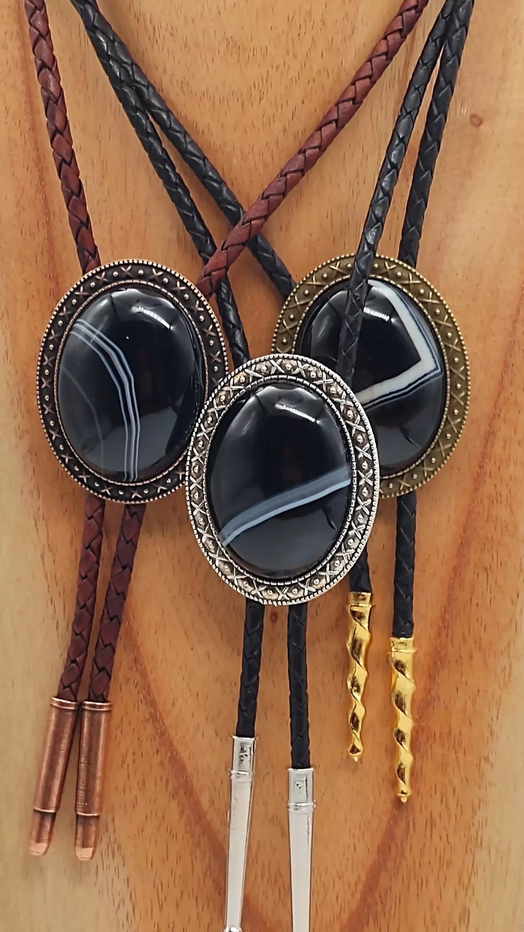 Yellowstone Bolo Tie with Black Banded Agate Stone in Gold, Silver or Copper Setting - Folks On The Edge