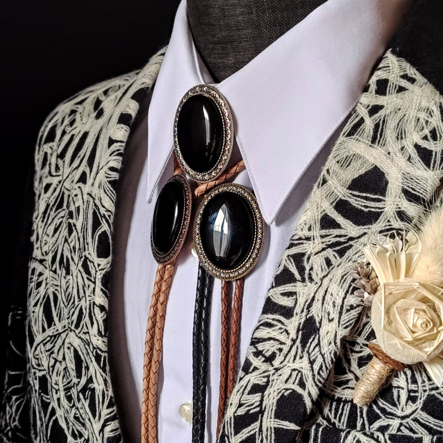 Yellowstone Bolo Tie with Black Onyx Stone in Gold, Silver or Copper Setting - Folks On The Edge