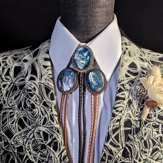 Yellowstone Bolo Tie with Blue Abalone Cabochons in Gold, Silver or Copper - Folks On The Edge