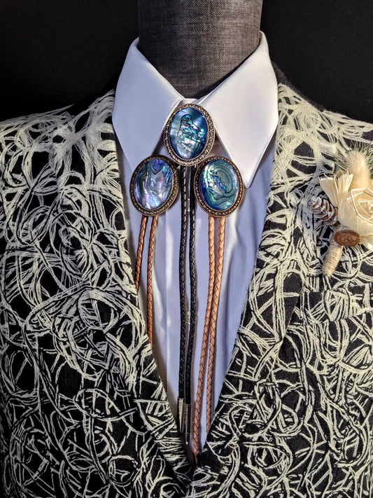 Yellowstone Bolo Tie with Blue Abalone Cabochons in Gold, Silver or Copper - Folks On The Edge