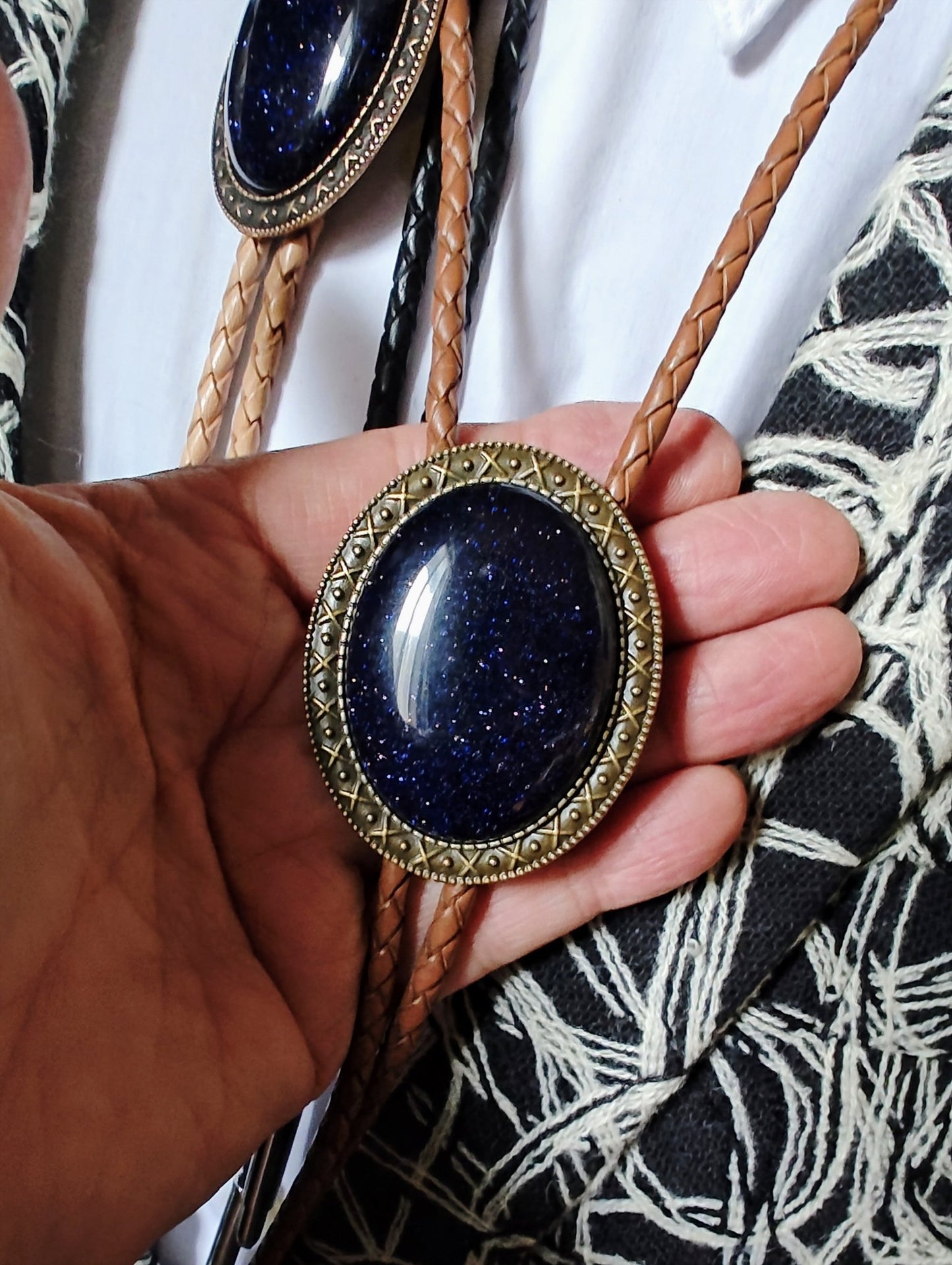 Yellowstone Bolo Tie with Blue Goldstone in Gold, Silver or Copper colors - Folks On The Edge