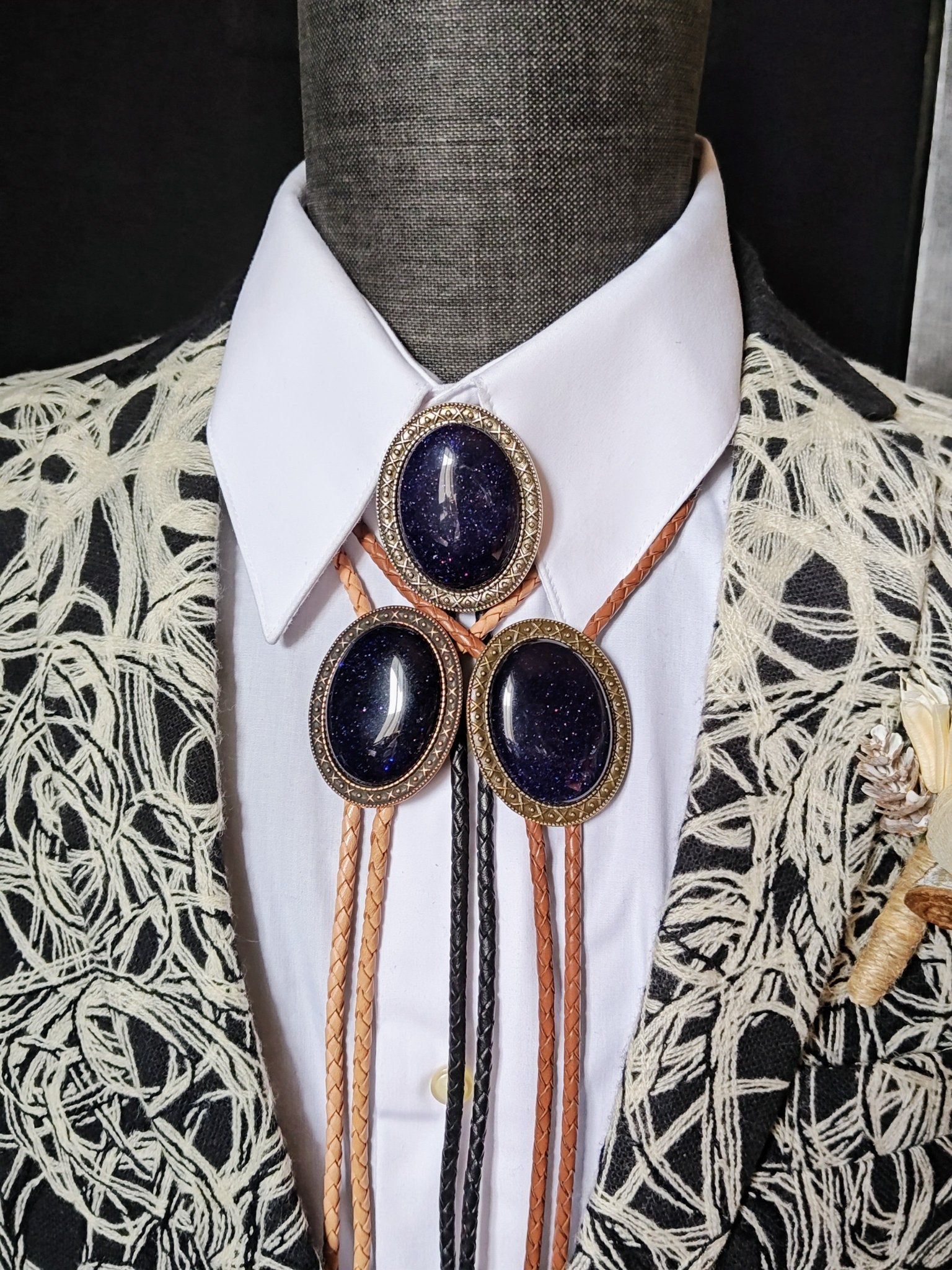 Yellowstone Bolo Tie with Blue Goldstone in Gold, Silver or Copper colors - Folks On The Edge