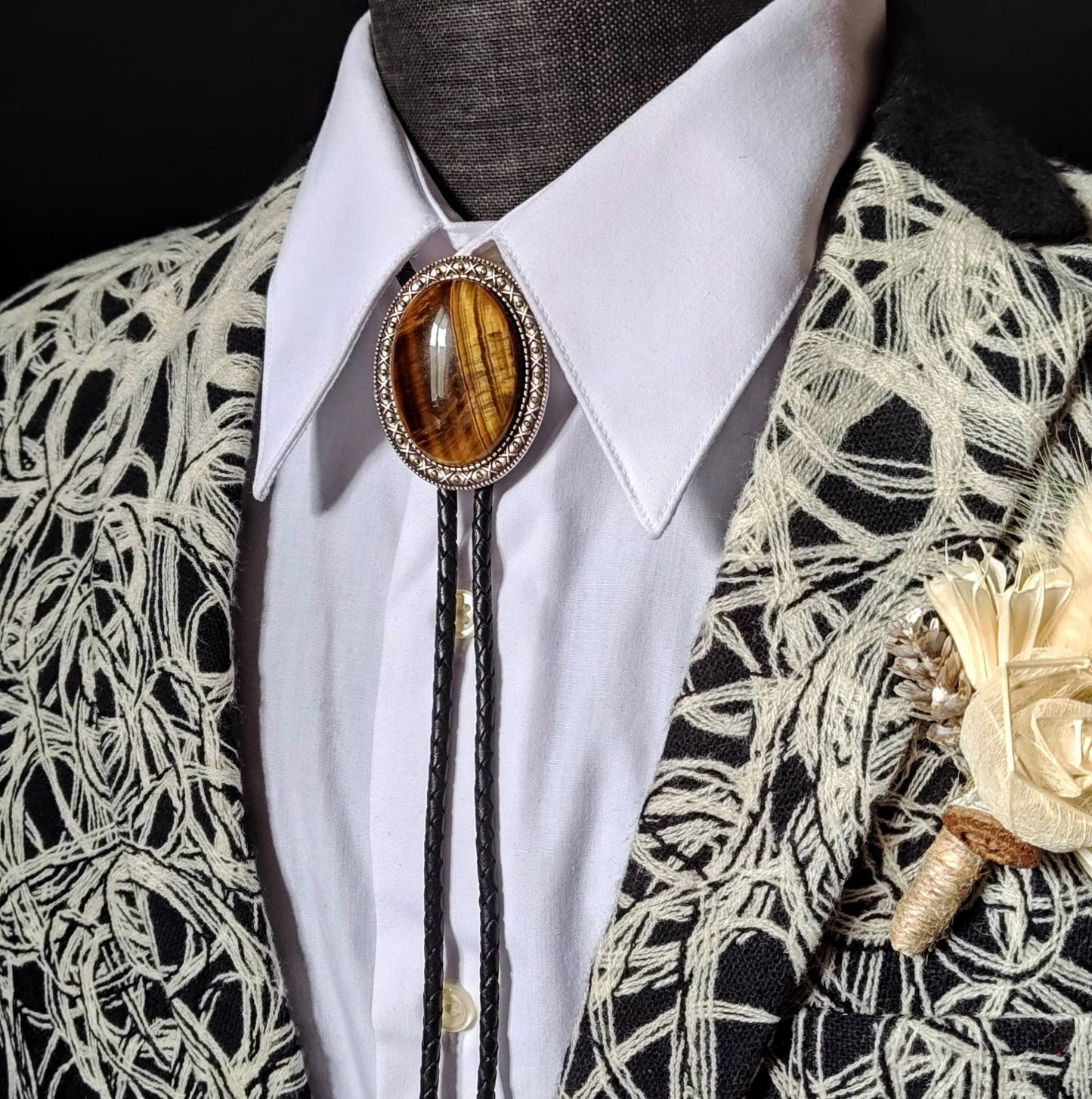 Yellowstone Bolo Tie with Brown Tiger's Eye Jasper Gold, Silver or Copper - Folks On The Edge