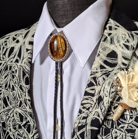 Yellowstone Bolo Tie with Brown Tiger's Eye Jasper Gold, Silver or Copper - Folks On The Edge
