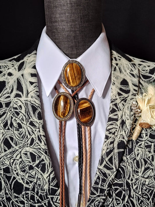Yellowstone Bolo Tie with Brown Tiger's Eye Jasper Gold, Silver or Copper - Folks On The Edge